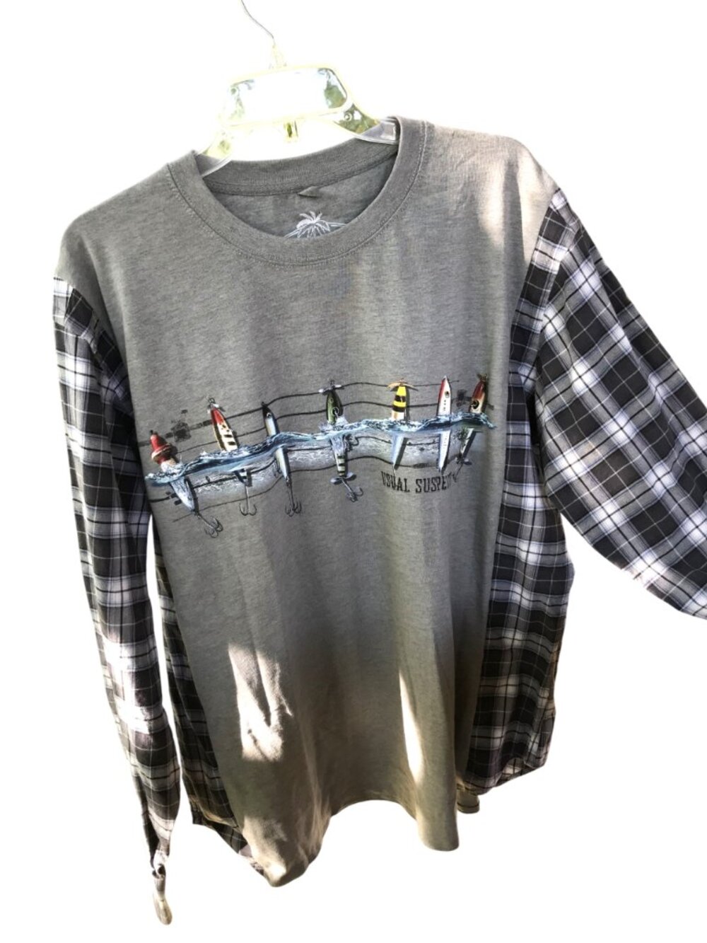 Reworked Plaid Tee, Upcycled Fishing Graphic Long-Sleeved T-Shirt Size L - XL